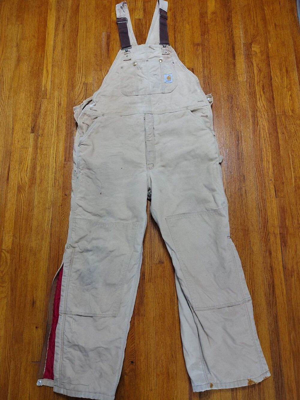 CARHARTT R02 RED QUILTED LINED DOUBLE KNEE DUCK CANVAS WORK BIB OVERALLS 44x30